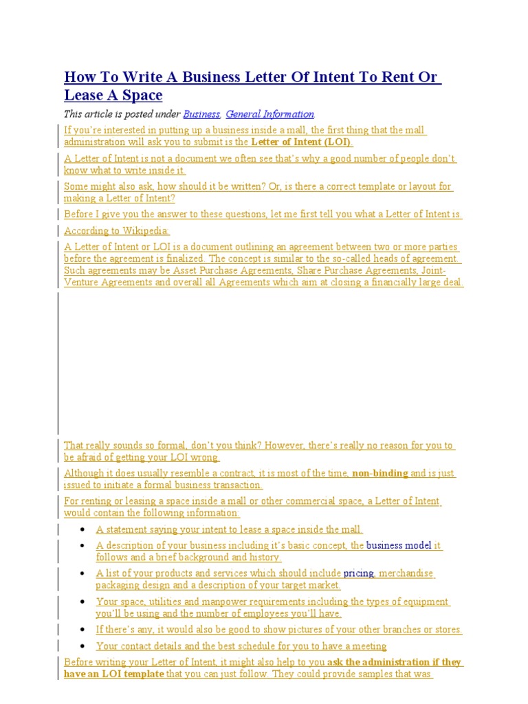 Letter of Intent to Rent or Lease a Space  Hamburgers  Lease
