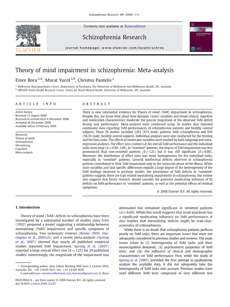 Bora2009 Theory of Mind Impairment in Schizophrenia Meta-Analysis | PDF ...