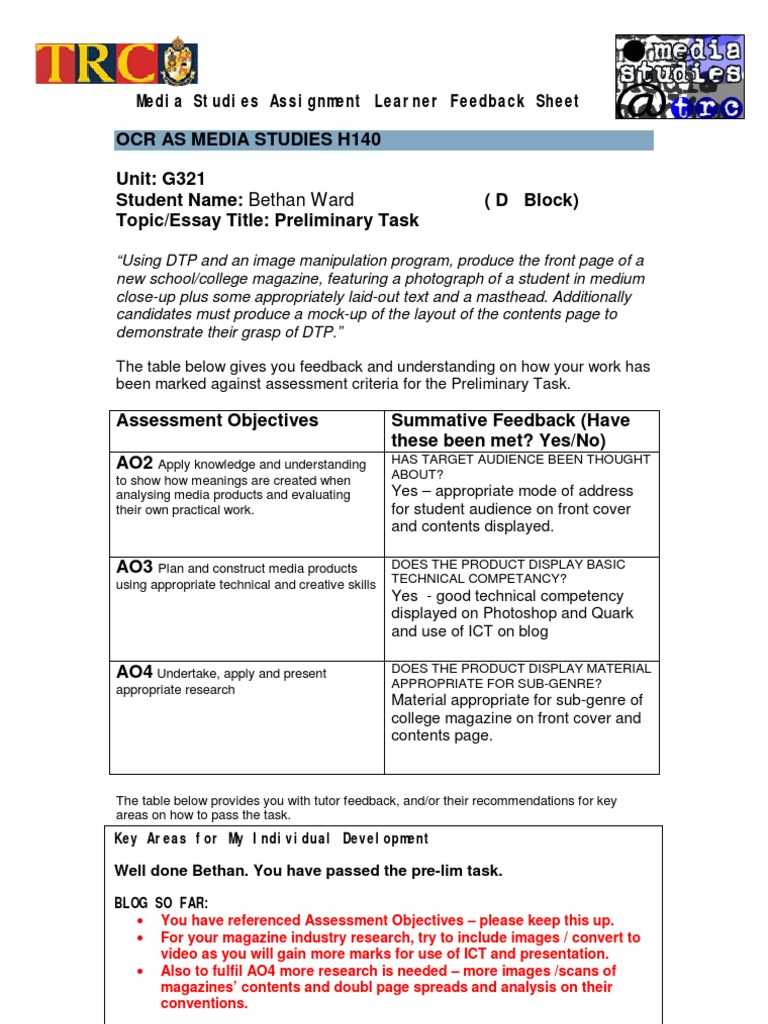 Media Studies Assignment Learner Feedback Sheet | PDF