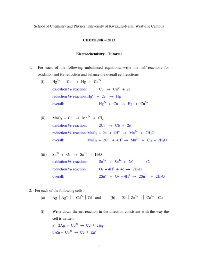Tutorial 3 Electrochemistry Answers PDF Redox Electrochemistry