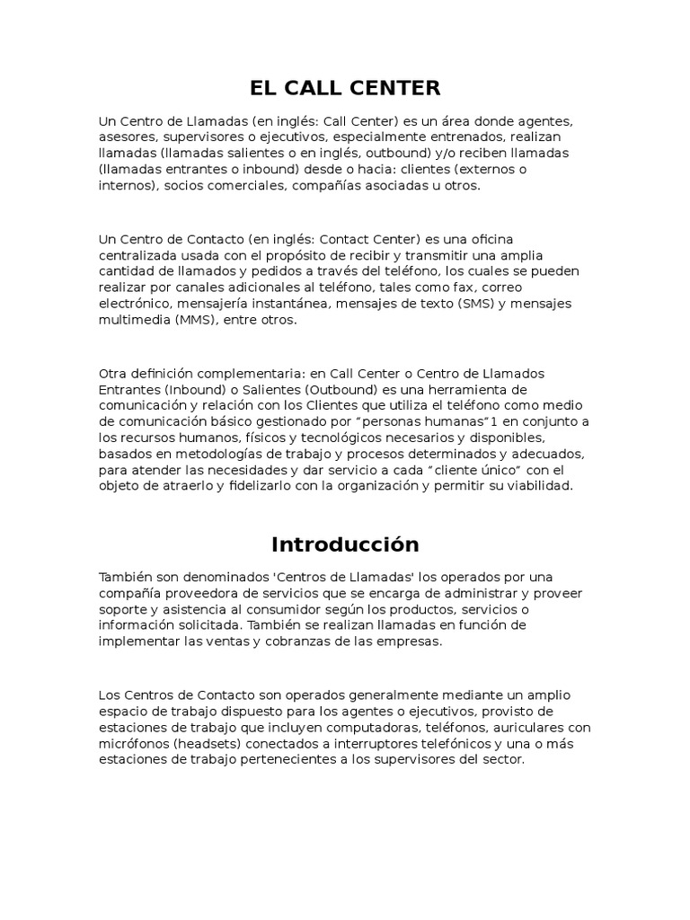 El Call Center | PDF | Centro de llamadas | Telecomunicaciones