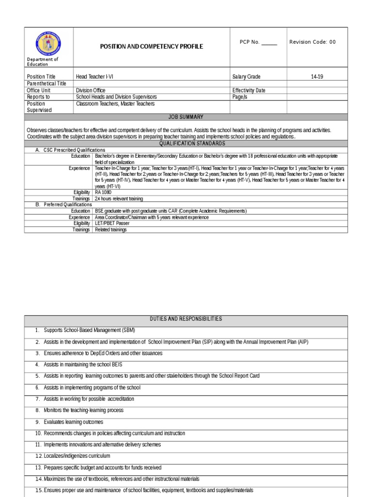 Head Teacher Position Profile and Duties | PDF | Postgraduate Education ...