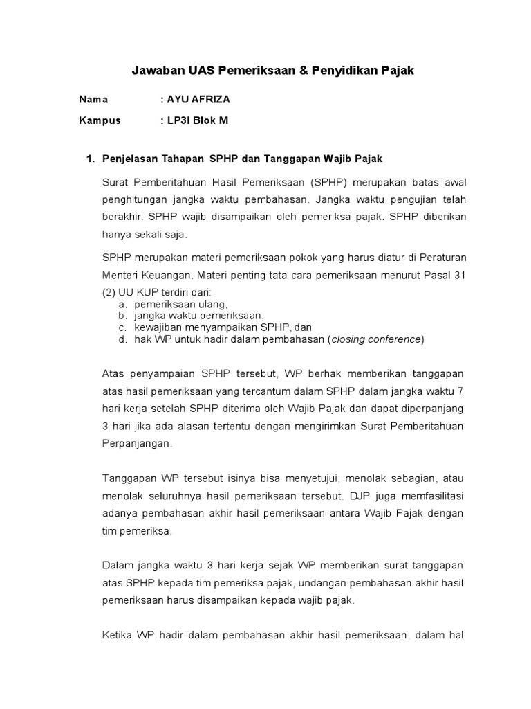 Jawaban Uas Pemeriksaan Dan Penyidikan Pajak Ayu Afriza