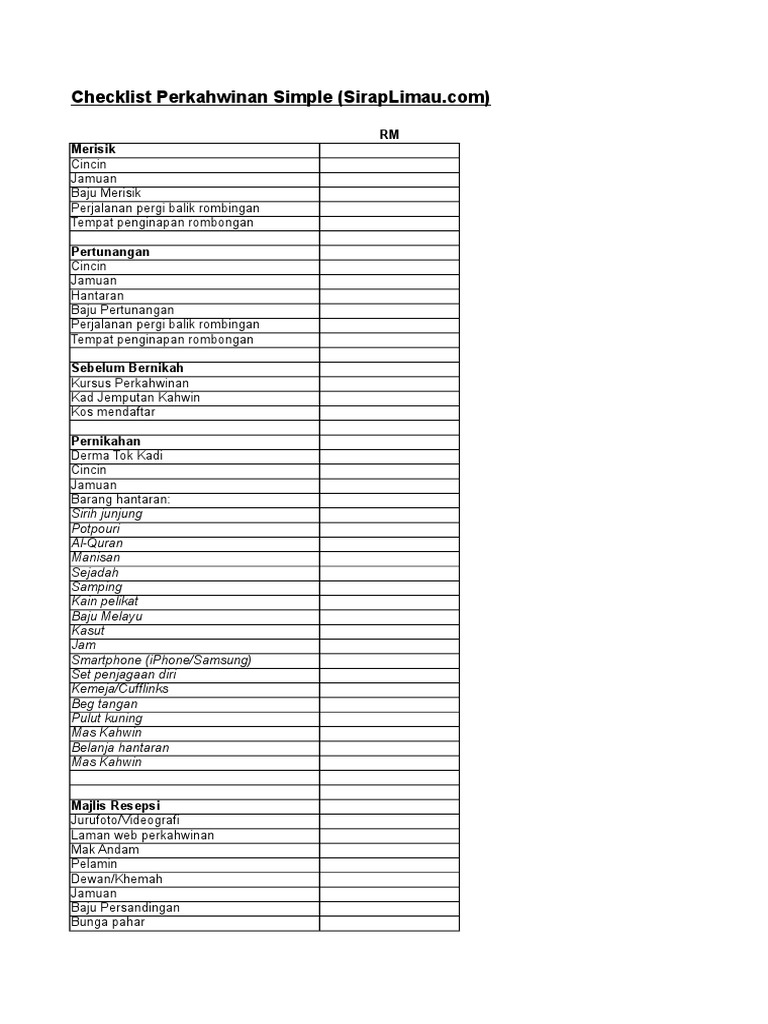 Checklist Perkahwinan Simple Pdf
