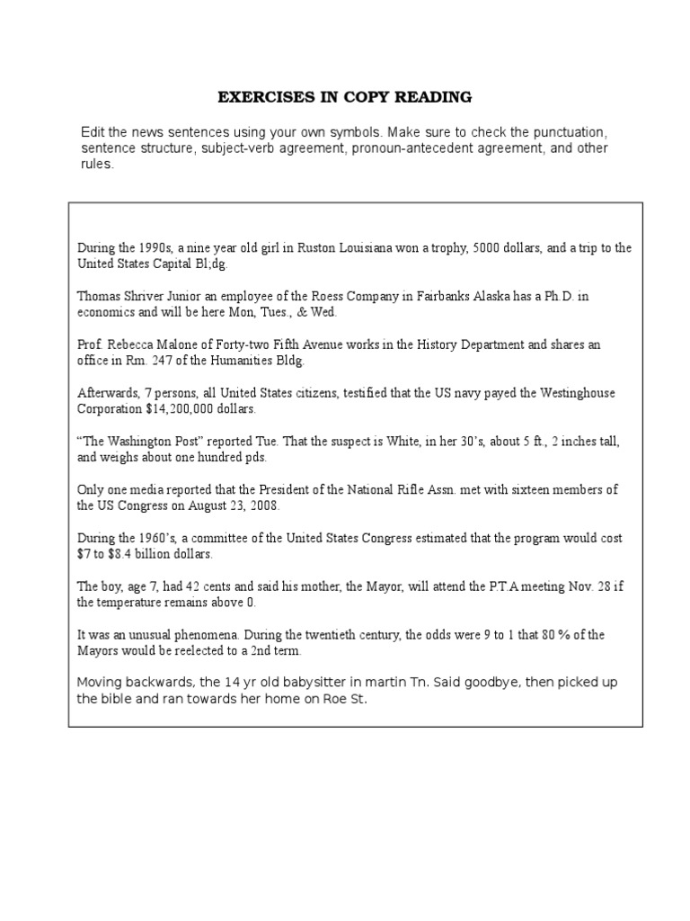 Copy Reading Exercises Pdf Writing Language Mechanics