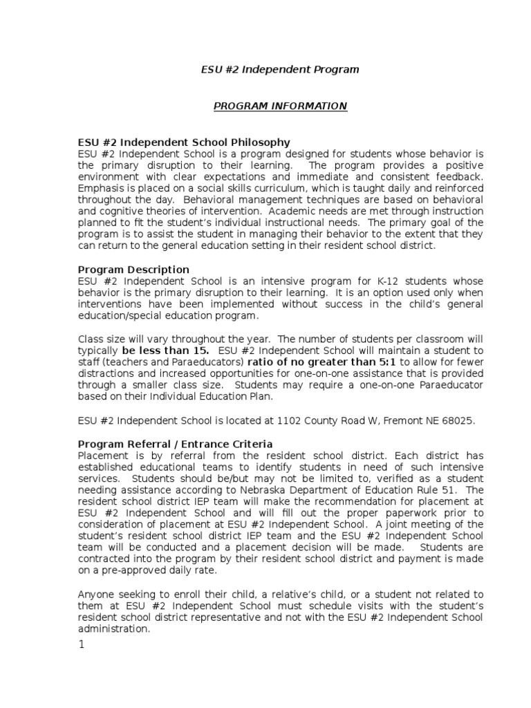 ESU #2 Independent School Program Overview | PDF | Individualized ...