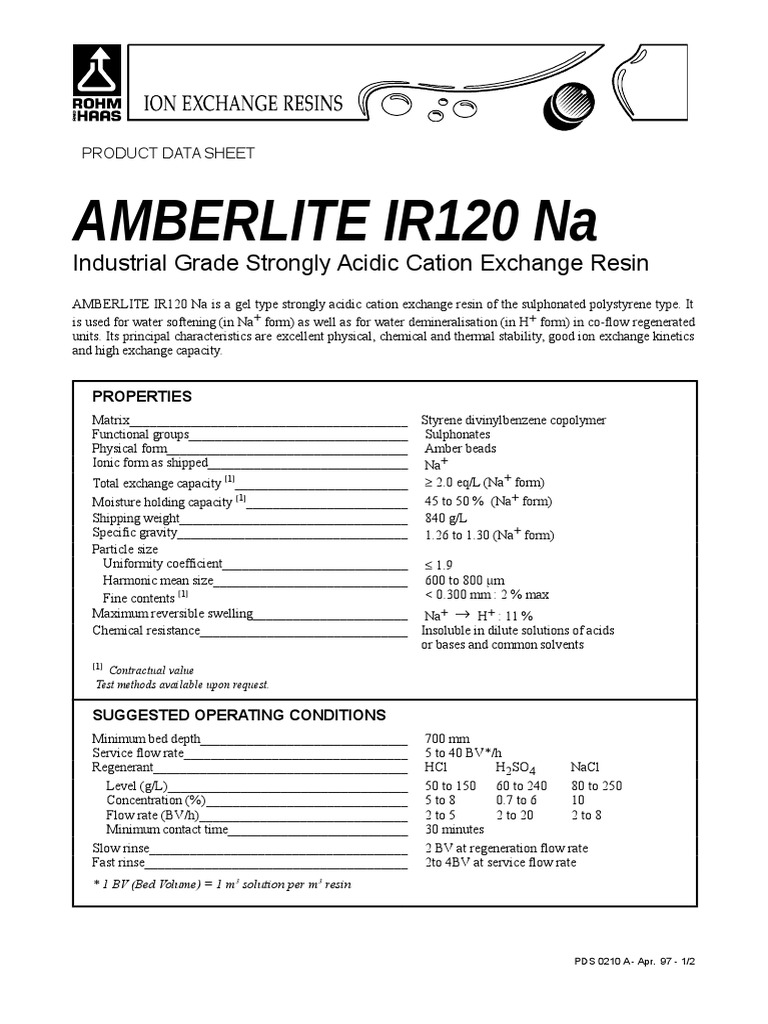 Amberlite IR120 Na Data Sheet | PDF | Ion Exchange | Sodium