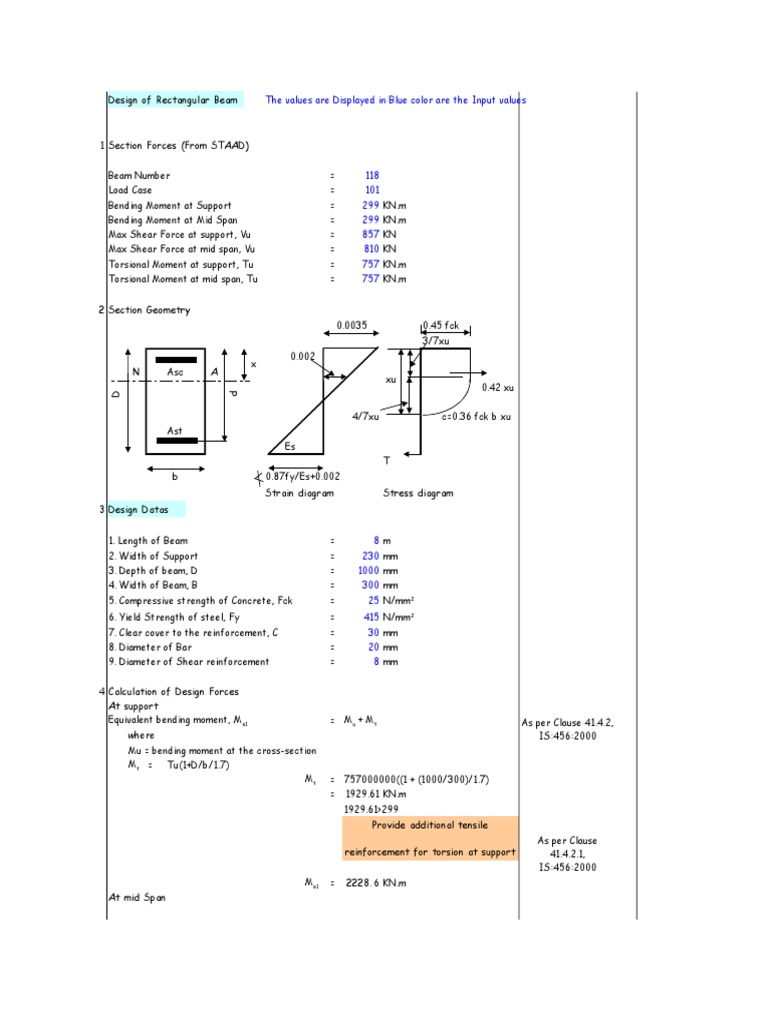 Design of Rectangular Beam: The Values Are Displayed in Blue Color Are ...