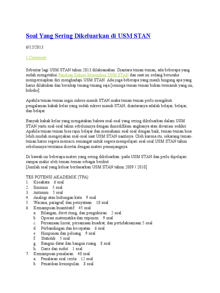 Soal Yang Sering Dikeluarkan Di Usm Stan