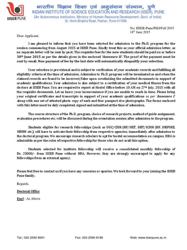 offer letter for phd