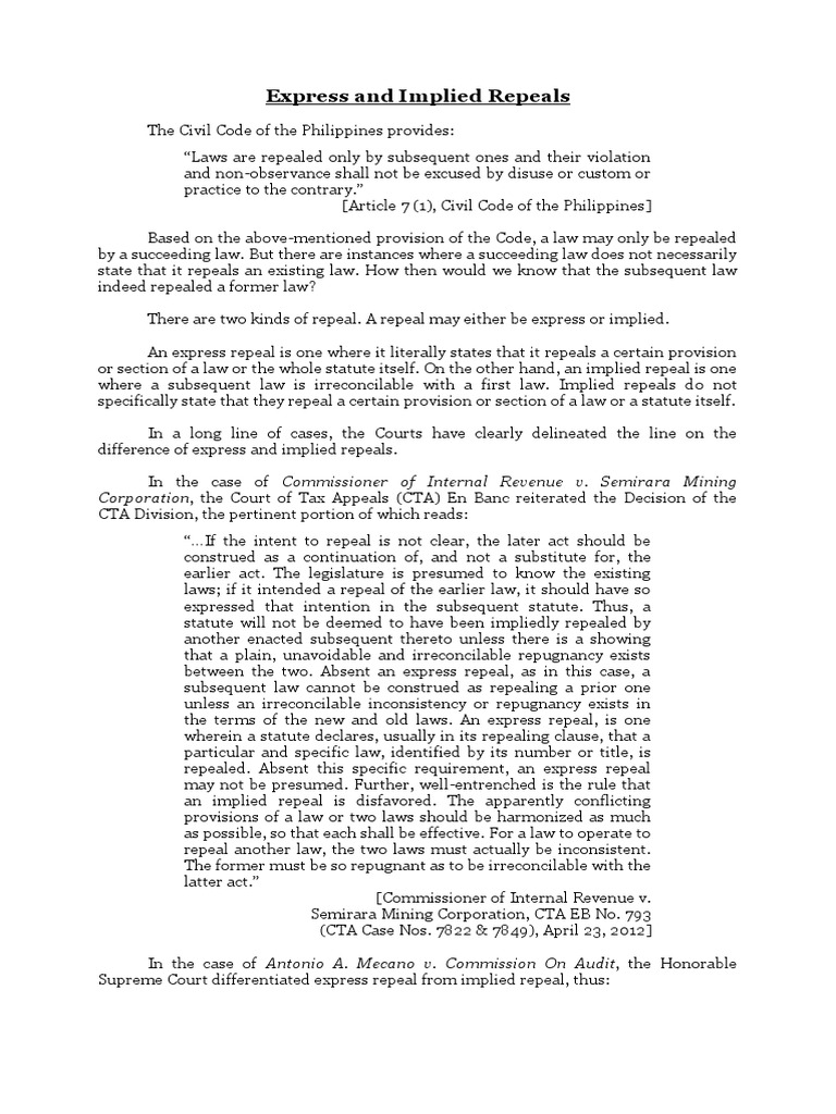 Express vs Implied Repeals in Law | PDF | Repeal | Supreme Courts