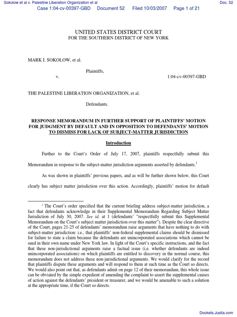 Sokolow Et Al v. Palestine Liberation Organization Et Al - Document No