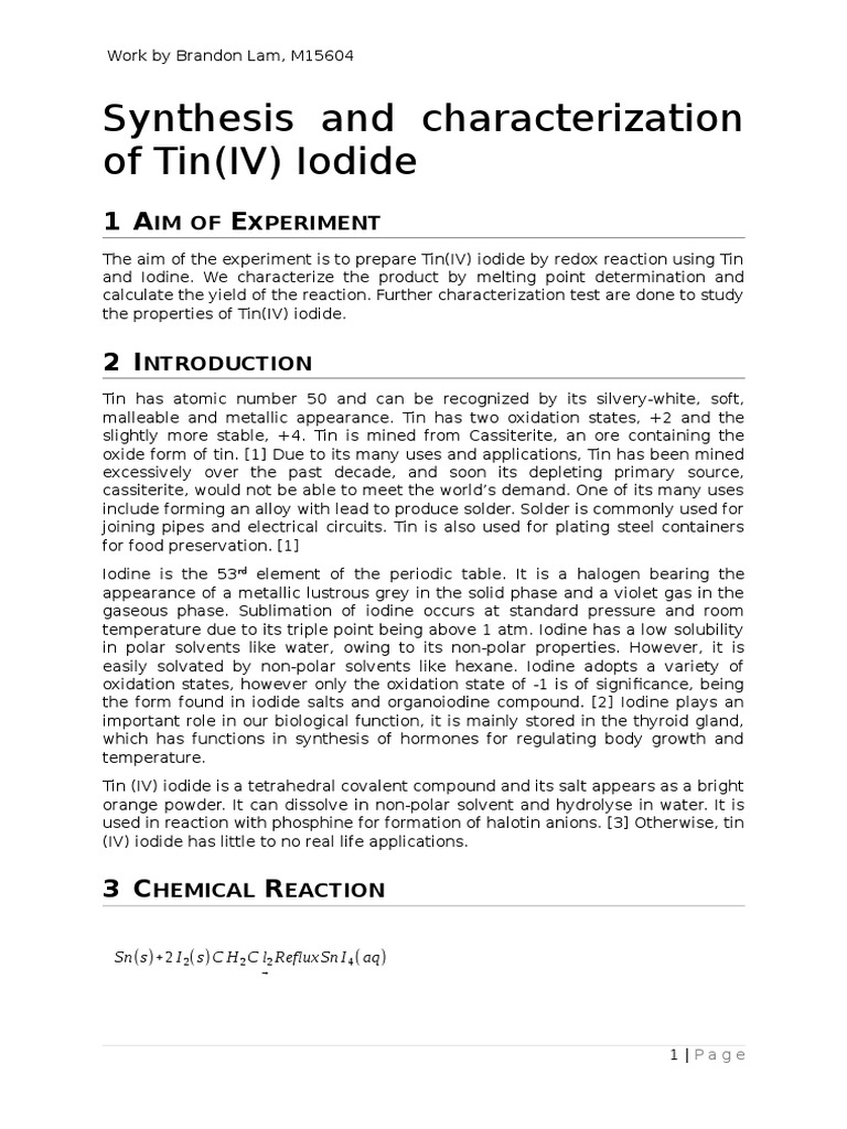 Synthesis of Tin(IV) Iodide (SnI4) | PDF | Tin | Iodine