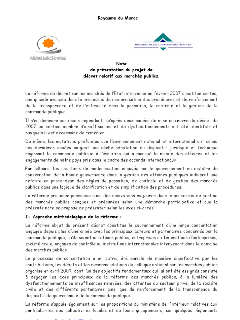 Note de Présentation du Projet de Décret relatif aux Marchés Publics