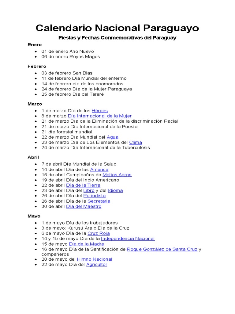 Calendario Nacional Paraguayo PDF Paraguay Observancias