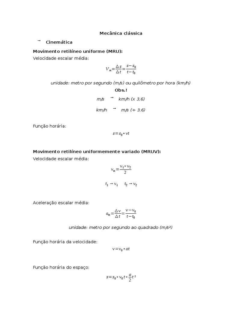 Fórmulas de Física - Mecânica Clássica | PDF | Velocidade | Densidade