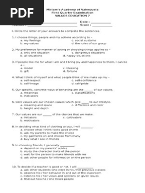 1st Quarter Examination in Values 7-8 2015-2016