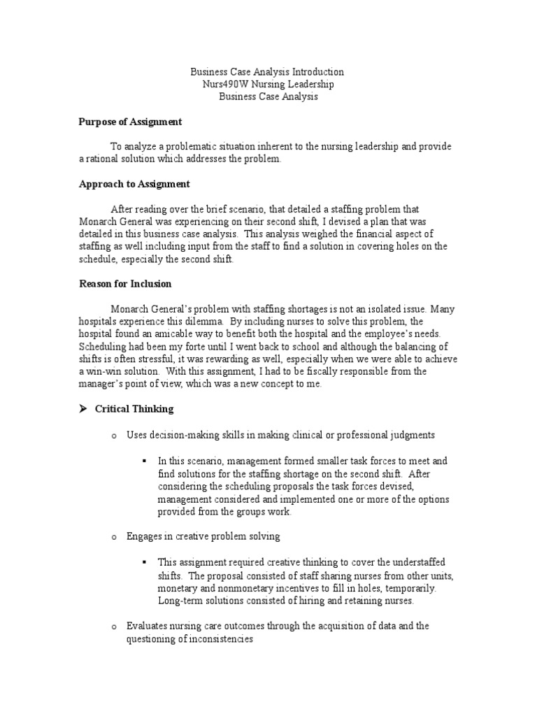 Business Case Analysis Introduction PDF Nursing Employee Retention