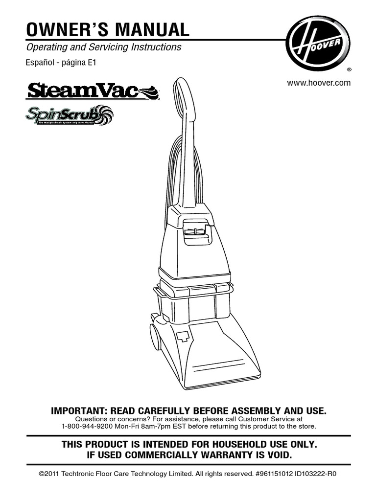 Hoover SpinScrub MANUAL Housekeeping Screw