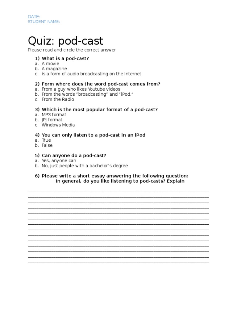 Podcast Quiz and Essay Assignment | PDF