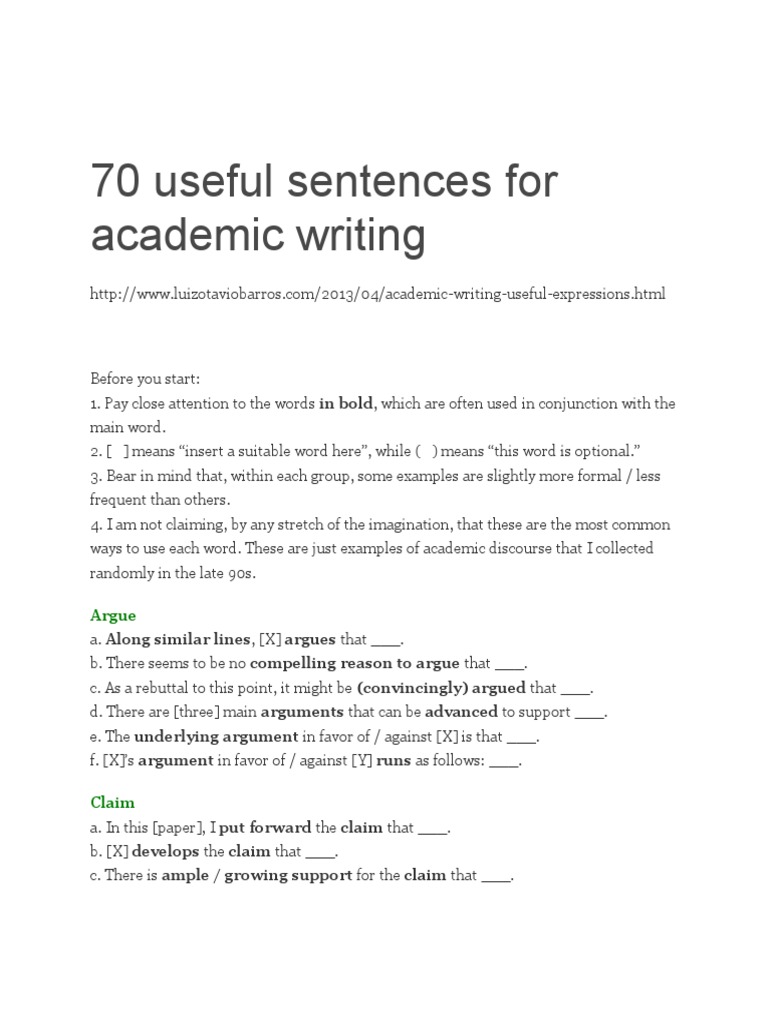 70 Useful Sentences For Academic Writing PDF Argument Truth