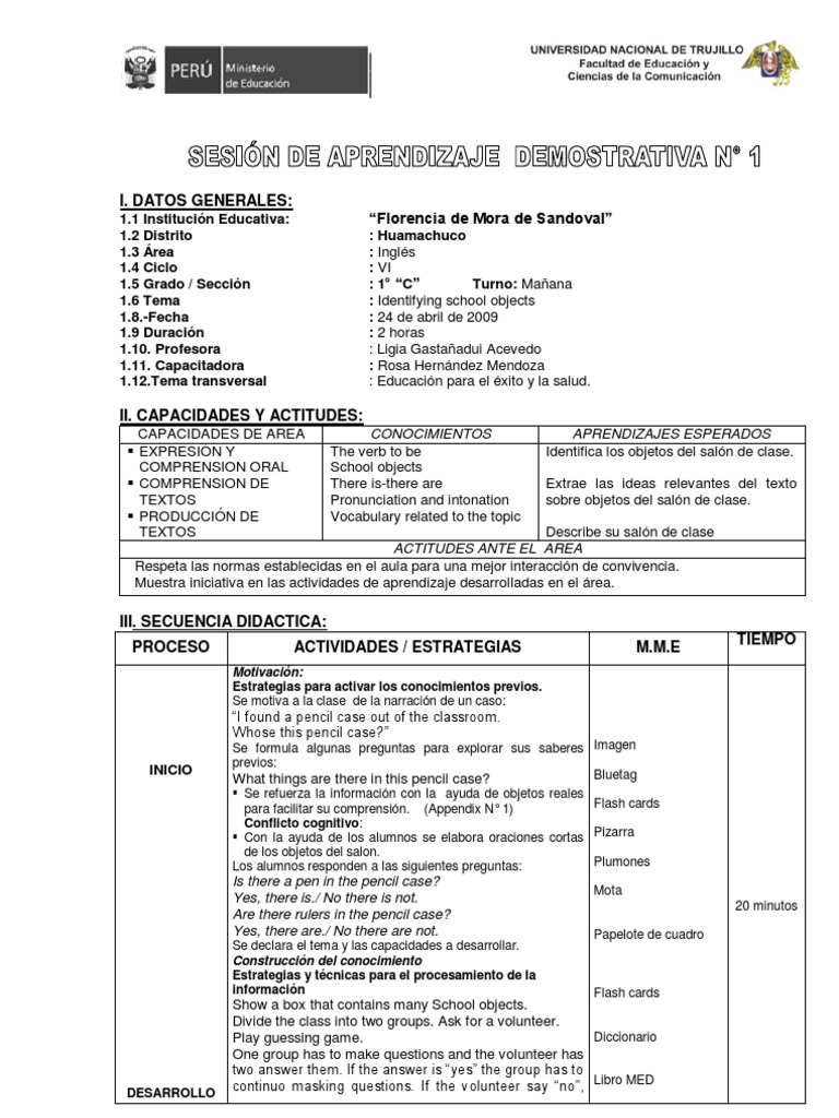 Modelo de sesión de clase Inglés