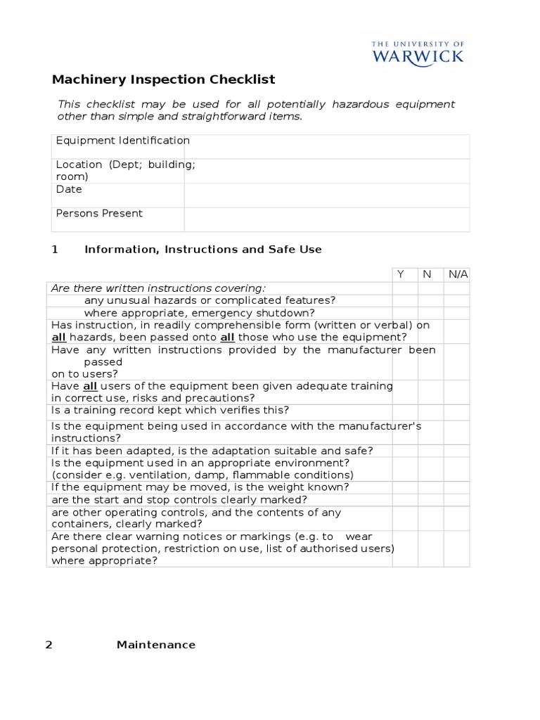 Machinery Inspection Checklist Safety Technology