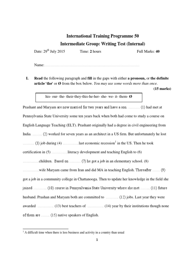 Writing Test for Intermediate English Learners | PDF | Linguistics ...