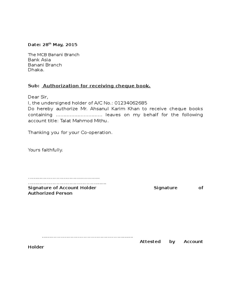 Authorization for Cheque Book Collection | PDF | Finance & Money Management