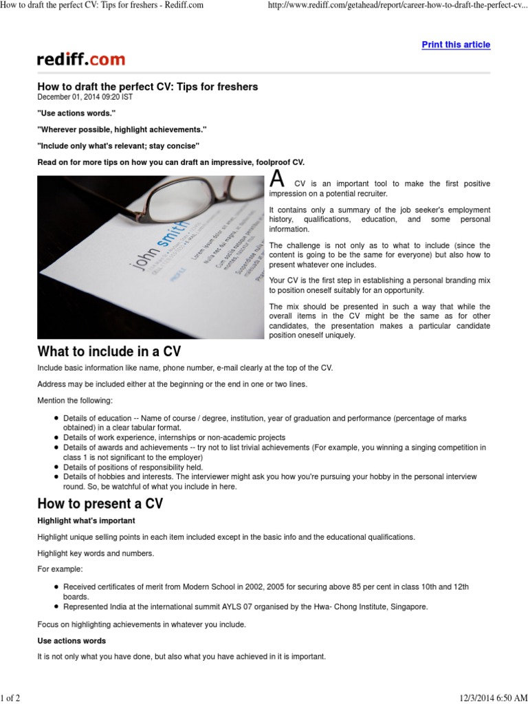 How To Draft The Perfect Cv Tips For Freshers Pdf Communication