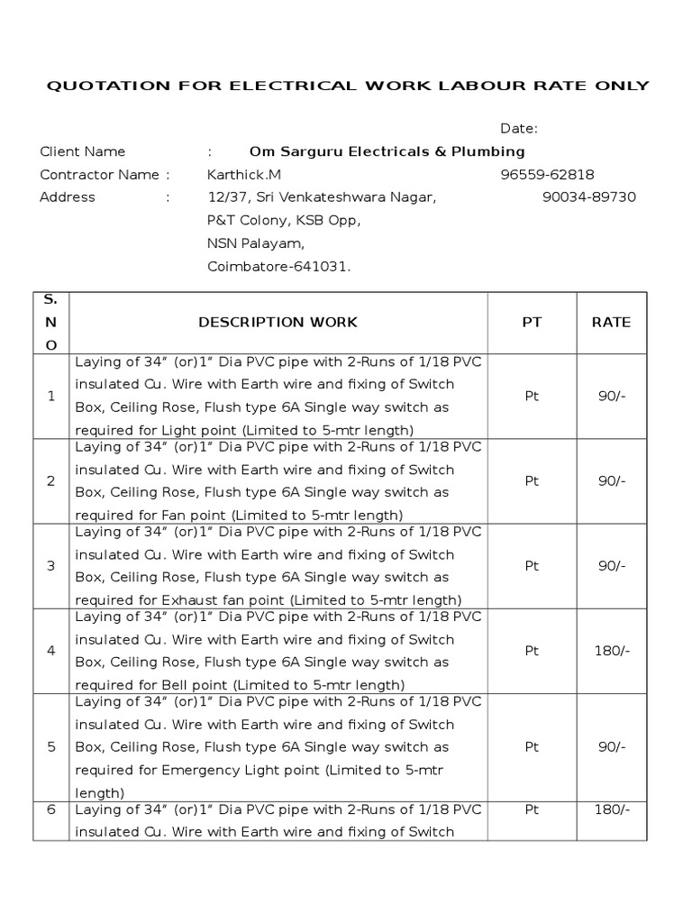 Quotation For Electrical Work Labour Rate Only PDF Switch Electrical Connector