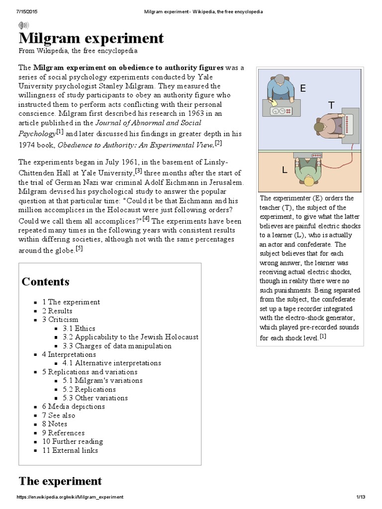 Milgram Experiment - Wikipedia, The Free Encyclopedia | PDF | Obedience