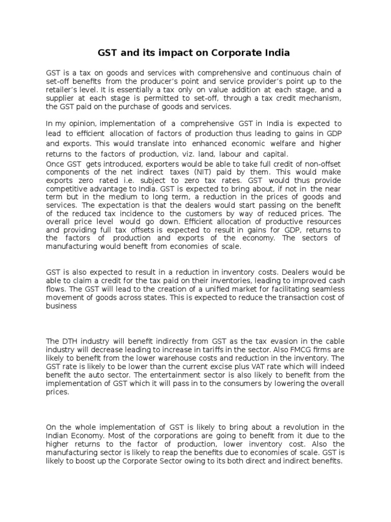 GST and Its Impact On Corporate India | PDF | Value Added Tax | Exports