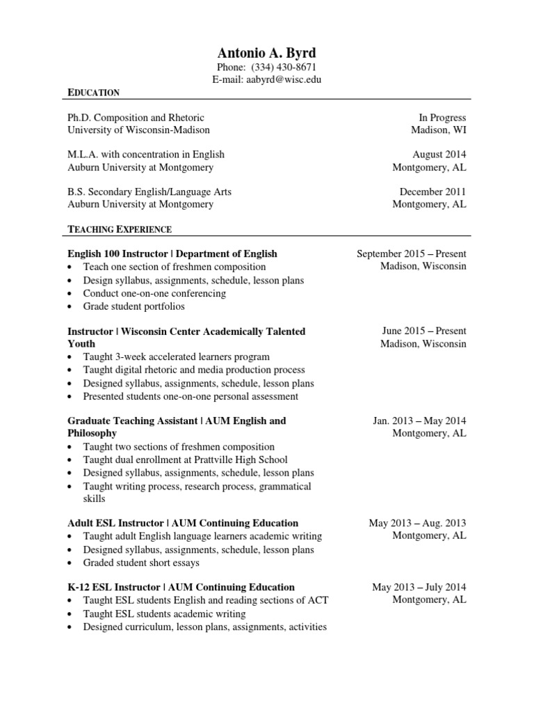 Antonio A Byrd CV PDF English As A Second Or Foreign Language