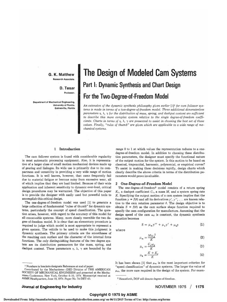 The Design of Modeled Cam Systems Part I Dynamic Synthesis and Chart