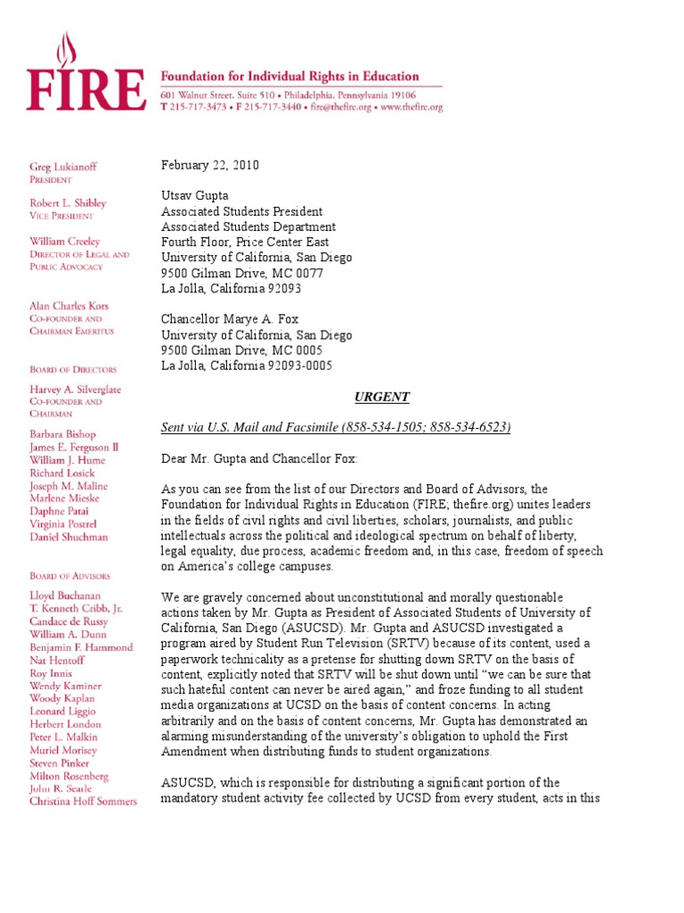 FIRE Letter To Associated Students President Utsav Gupta and UCSD ...