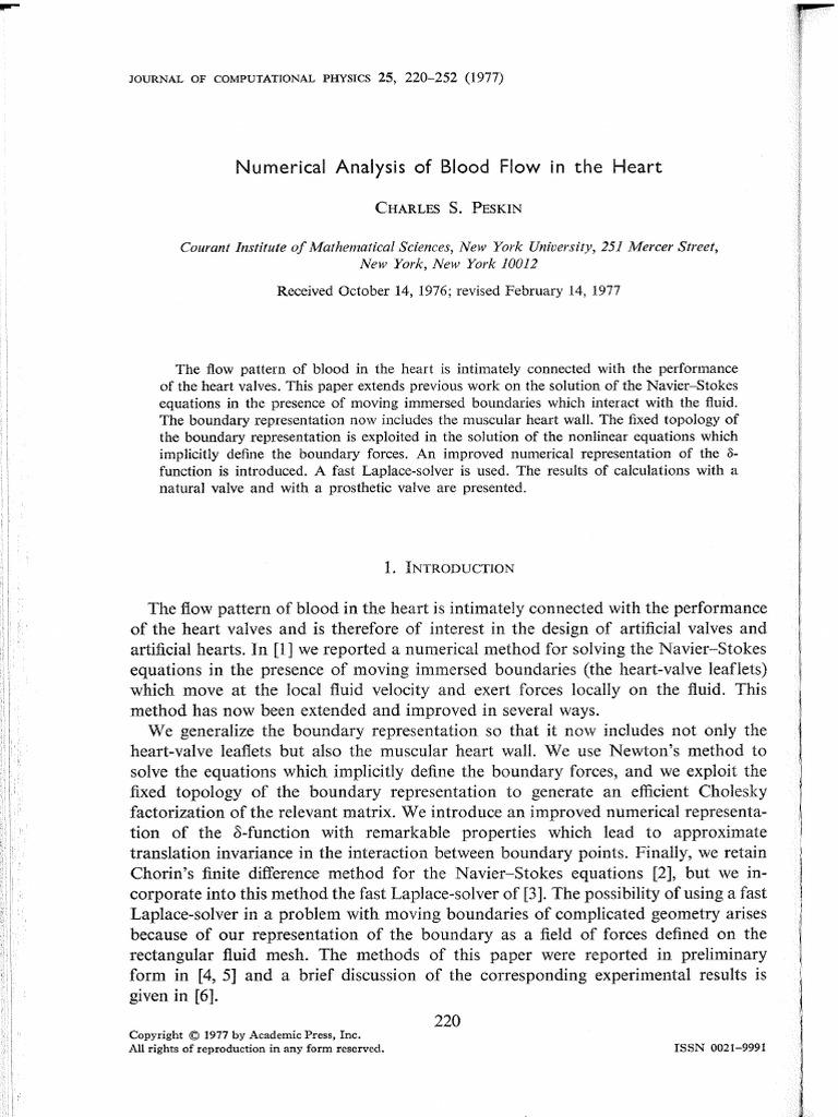 Peskin C.S., Numerical Analysis of Blood Flow in The Heart PDF | PDF ...