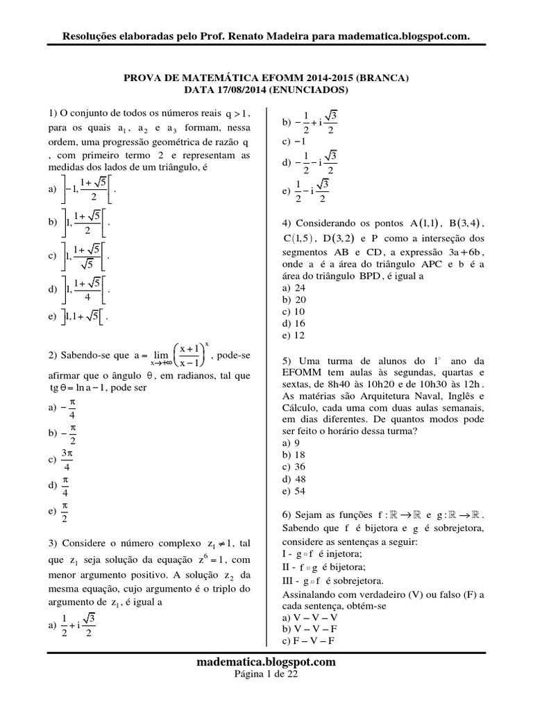 Prova de Matemática EFOMM 2014-2015 | PDF | Círculo | Geometria Analítica