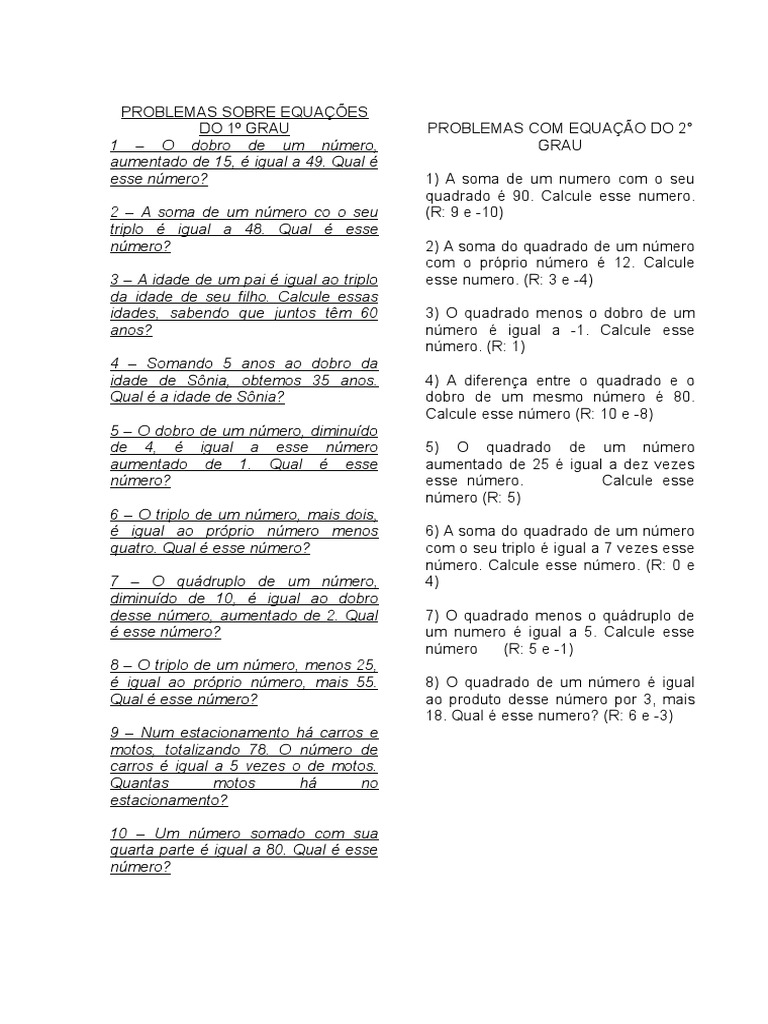 Problemas Sobre Equações Do 1º Grau | PDF