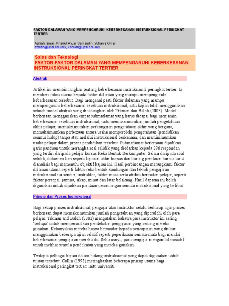 Faktor Faktor Dalaman Yang Mempengaruhi Keberkesanan Instruksional Peringkat Tertier Pdf