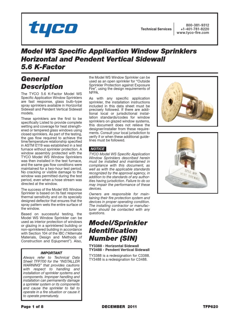 Model WS Specific Application Window Sprinklers Horizontal and Pendent