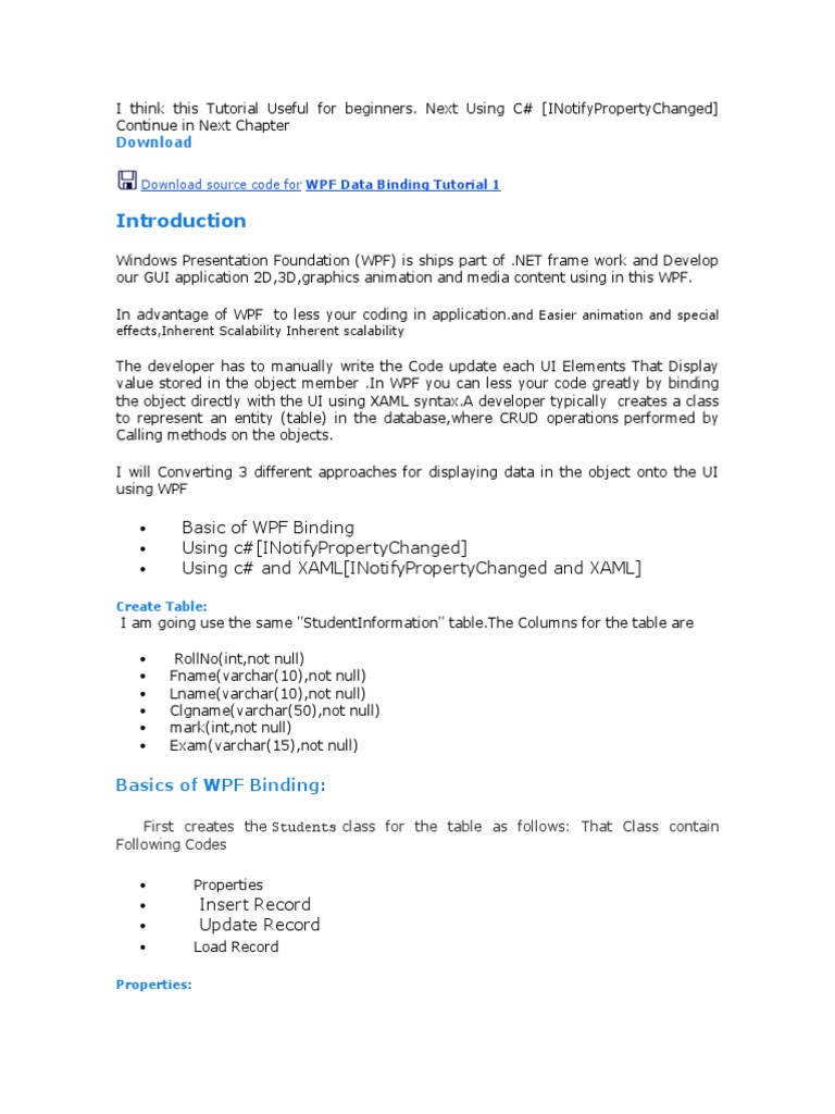 Basic of WPF Binding Using C (Inotifypropertychanged) Using C and