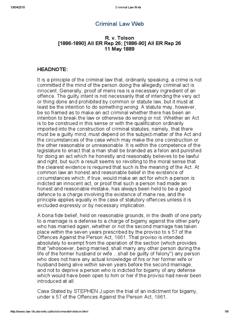 R V Tolson Mens Rea Intention Criminal Law