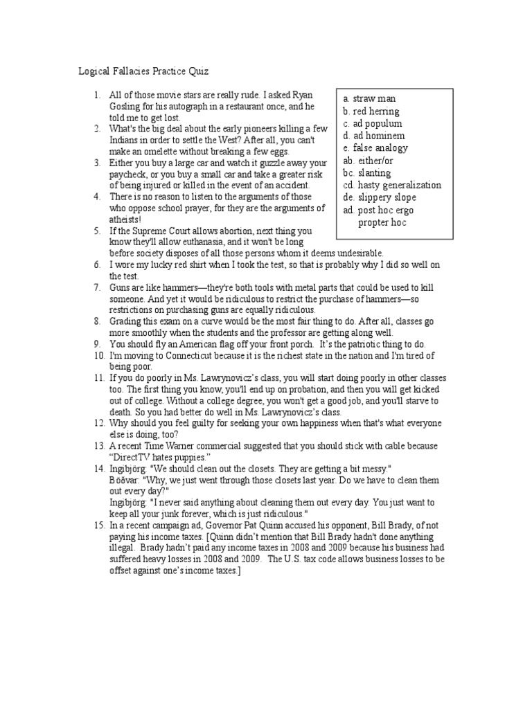 Logical Fallacies Practice Quiz PDF Fallacy