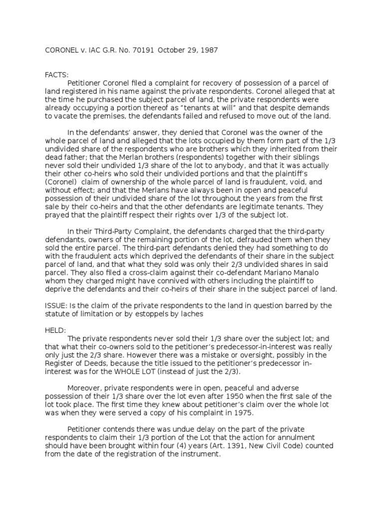 Supreme Court Upholds Ownership Claim Over Land Despite Torrens Title PDF Laches (Equity