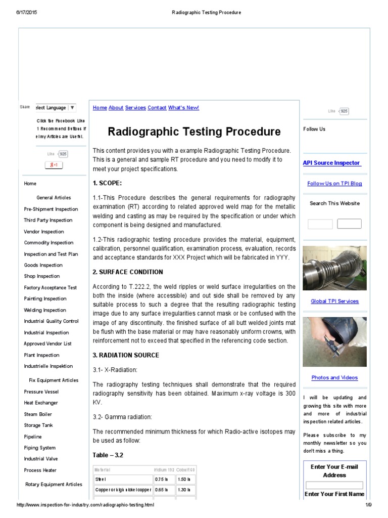 Radiographic Testing Procedure PDF Radiography Welding