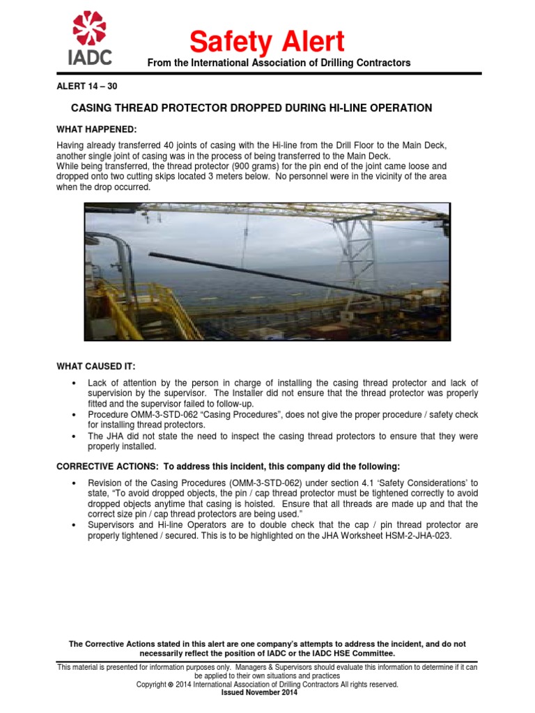 Safety Alert: Casing Thread Protector Dropped During Hi-Line Operation ...