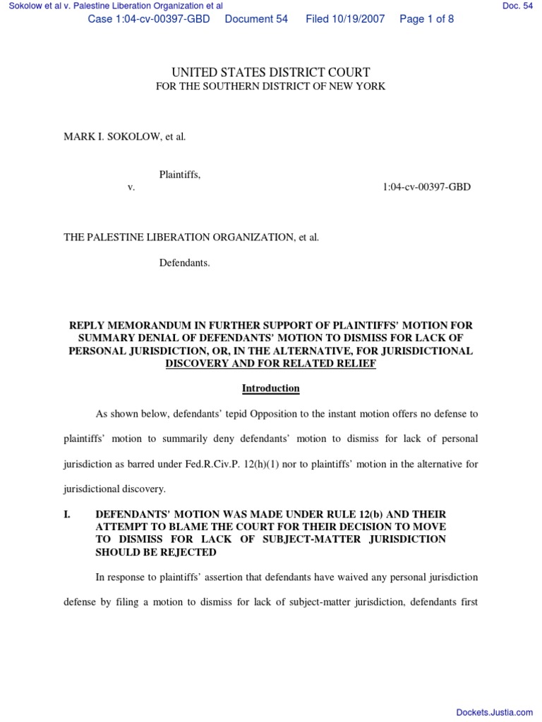 Sokolow Et Al v. Palestine Liberation Organization Et Al - Document No