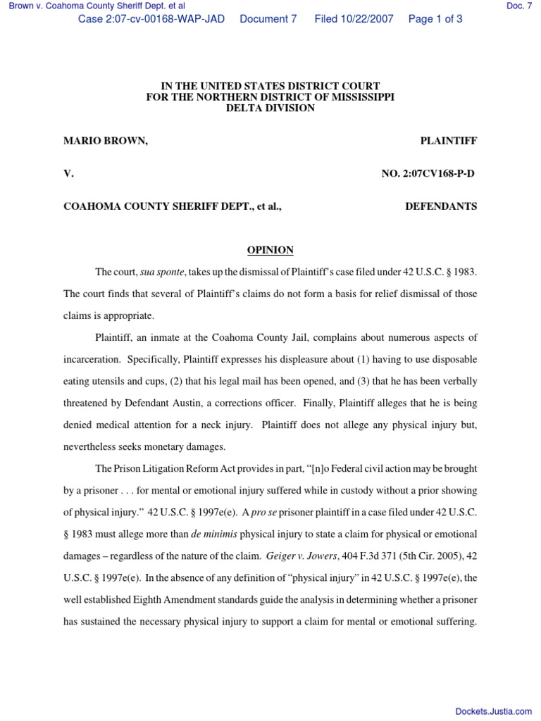 Brown v. Coahoma County Sheriff Dept. Et Al Document No. 7 PDF