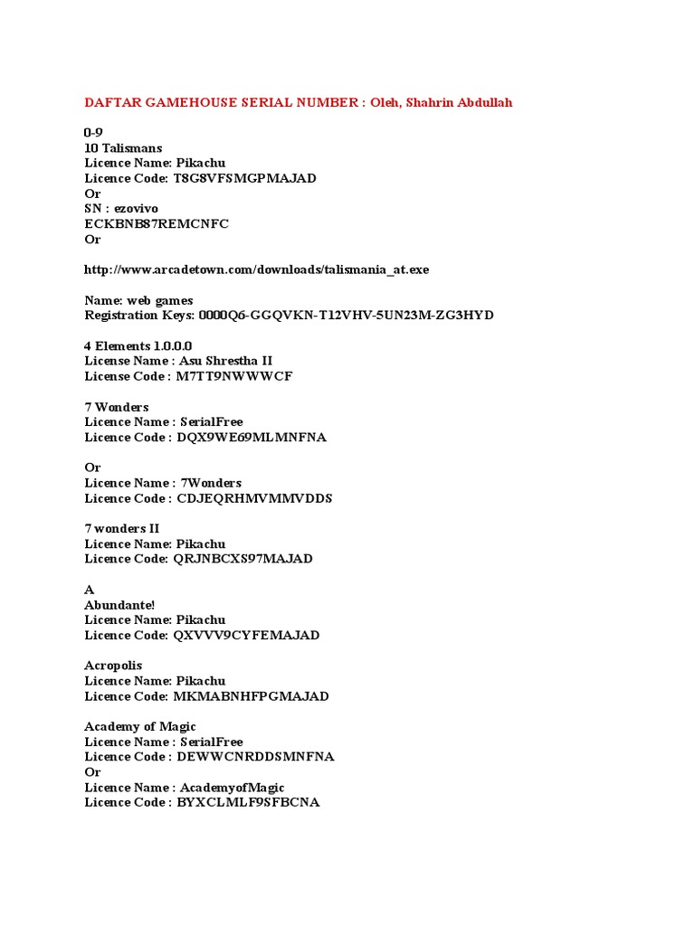 Gamehouse Serial Numbers List | PDF | Leisure